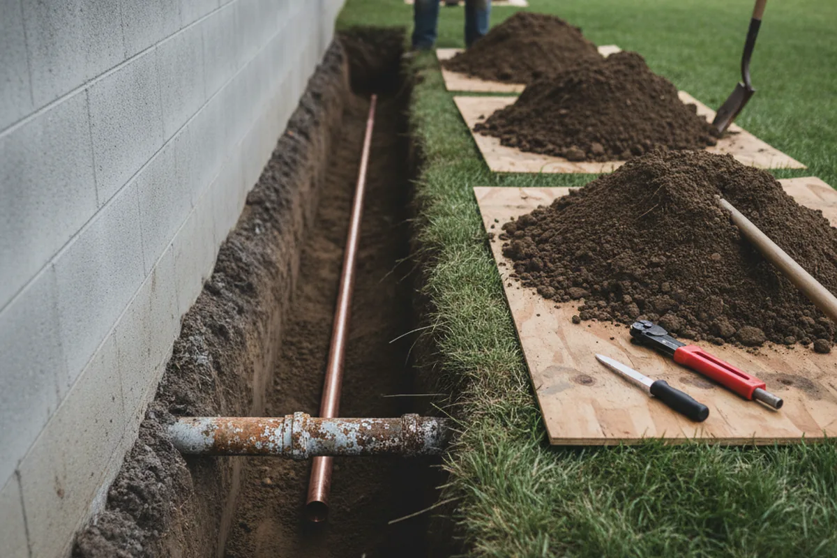 Excavated water line trench during Water Heater Repair in Corydon